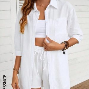 SHEIN Essnce Solid Button Front Drop Shoulder Shirt